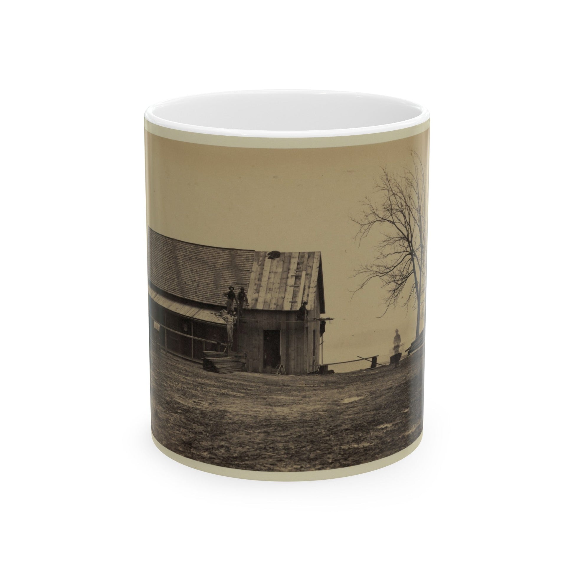 Workers Constructing A Wood Building (U.S. Civil War) White Coffee Mug-11oz-The Sticker Space