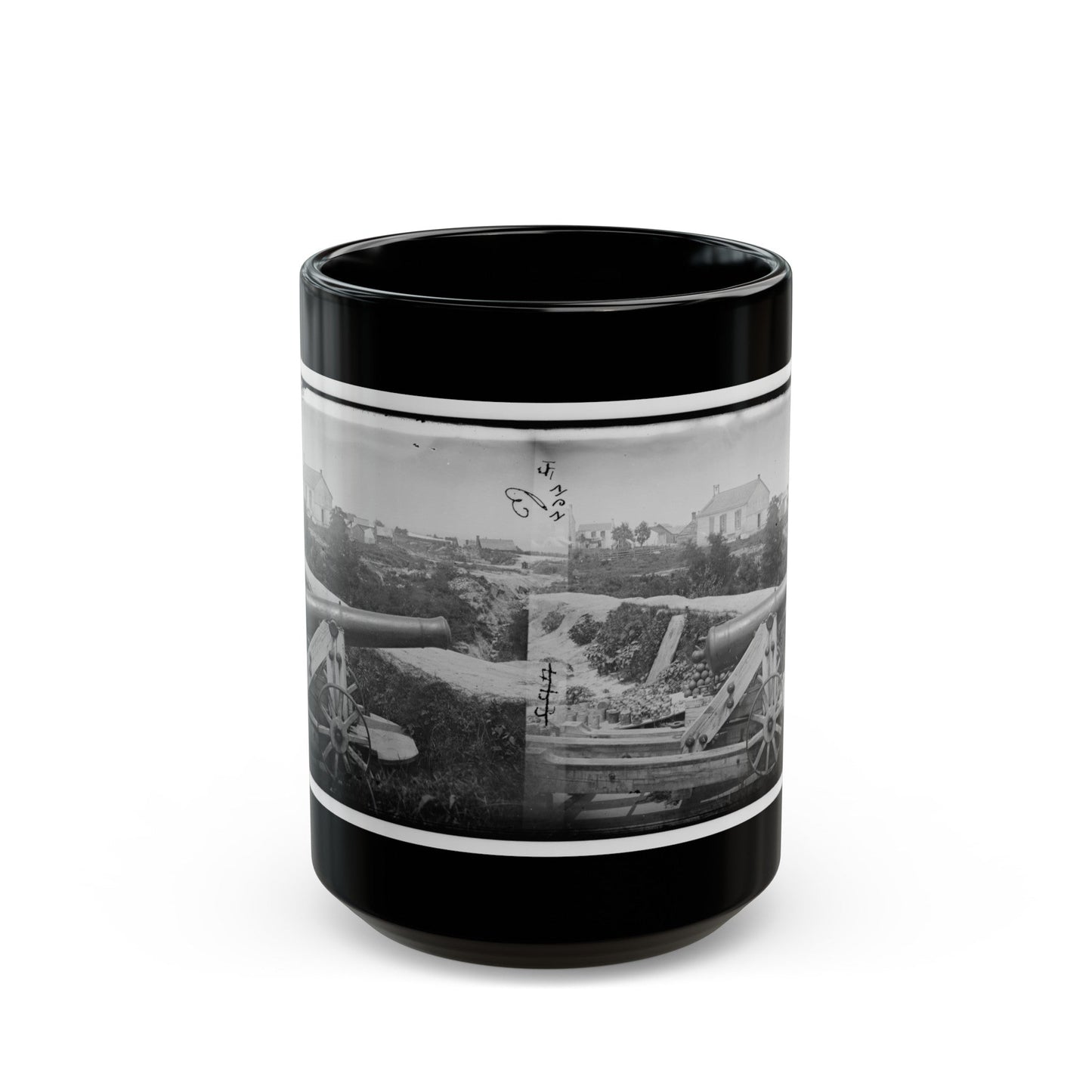 Yorktown, Va. Confederate Naval Gun; In Background Is Nelson Church, Used As A Hospital (U.S. Civil War) Black Coffee Mug-15oz-The Sticker Space