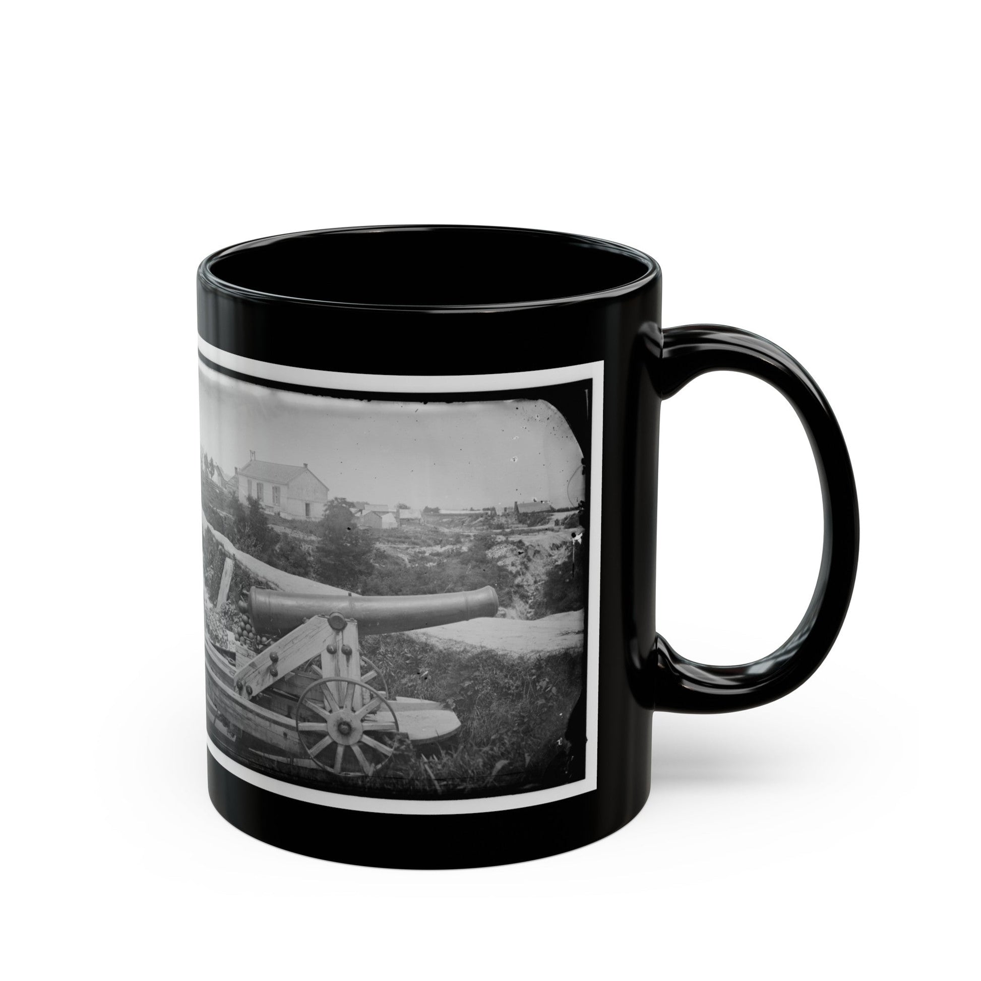 Yorktown, Va. Confederate Naval Gun; In Background Is Nelson Church, Used As A Hospital (U.S. Civil War) Black Coffee Mug-The Sticker Space