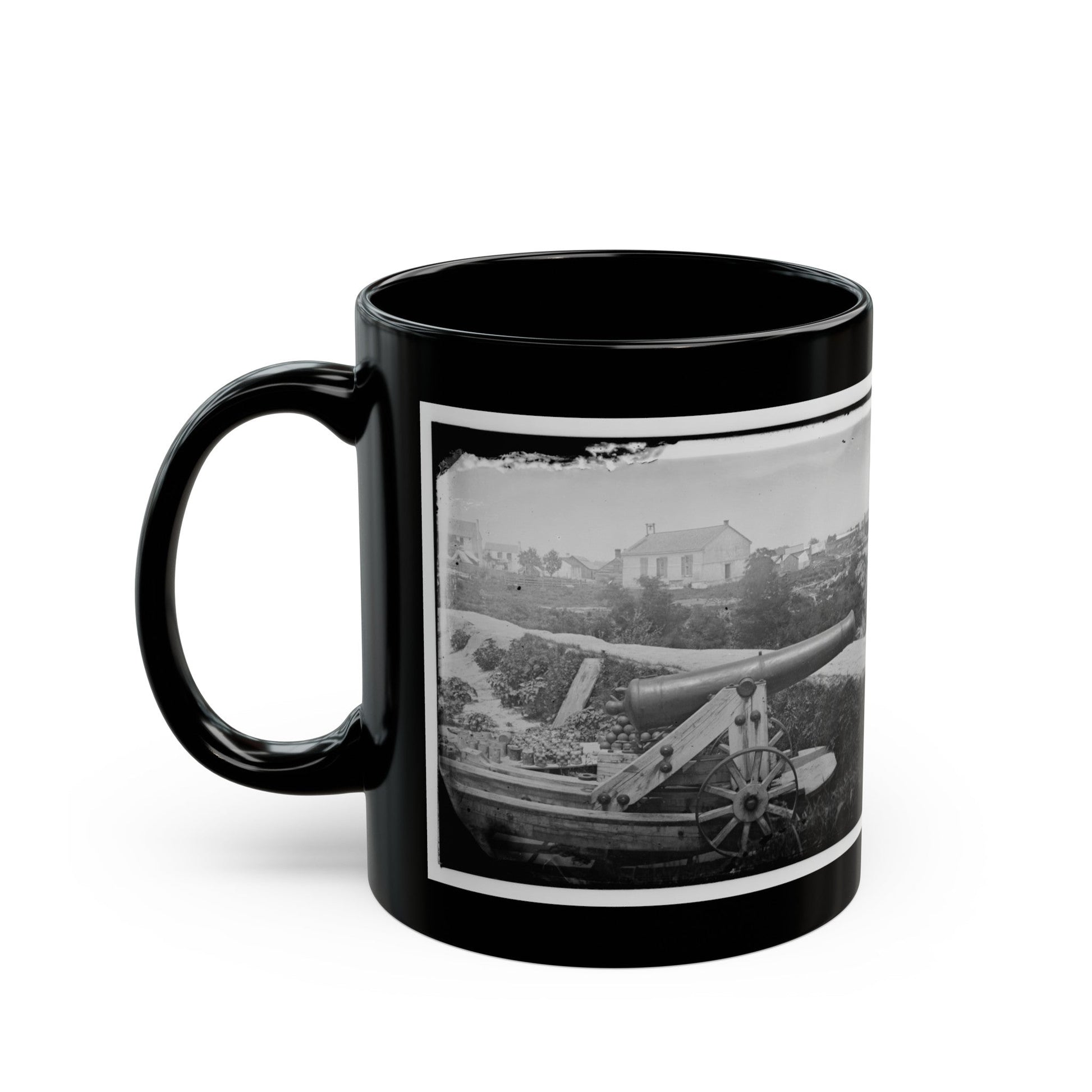 Yorktown, Va. Confederate Naval Gun; In Background Is Nelson Church, Used As A Hospital (U.S. Civil War) Black Coffee Mug-The Sticker Space