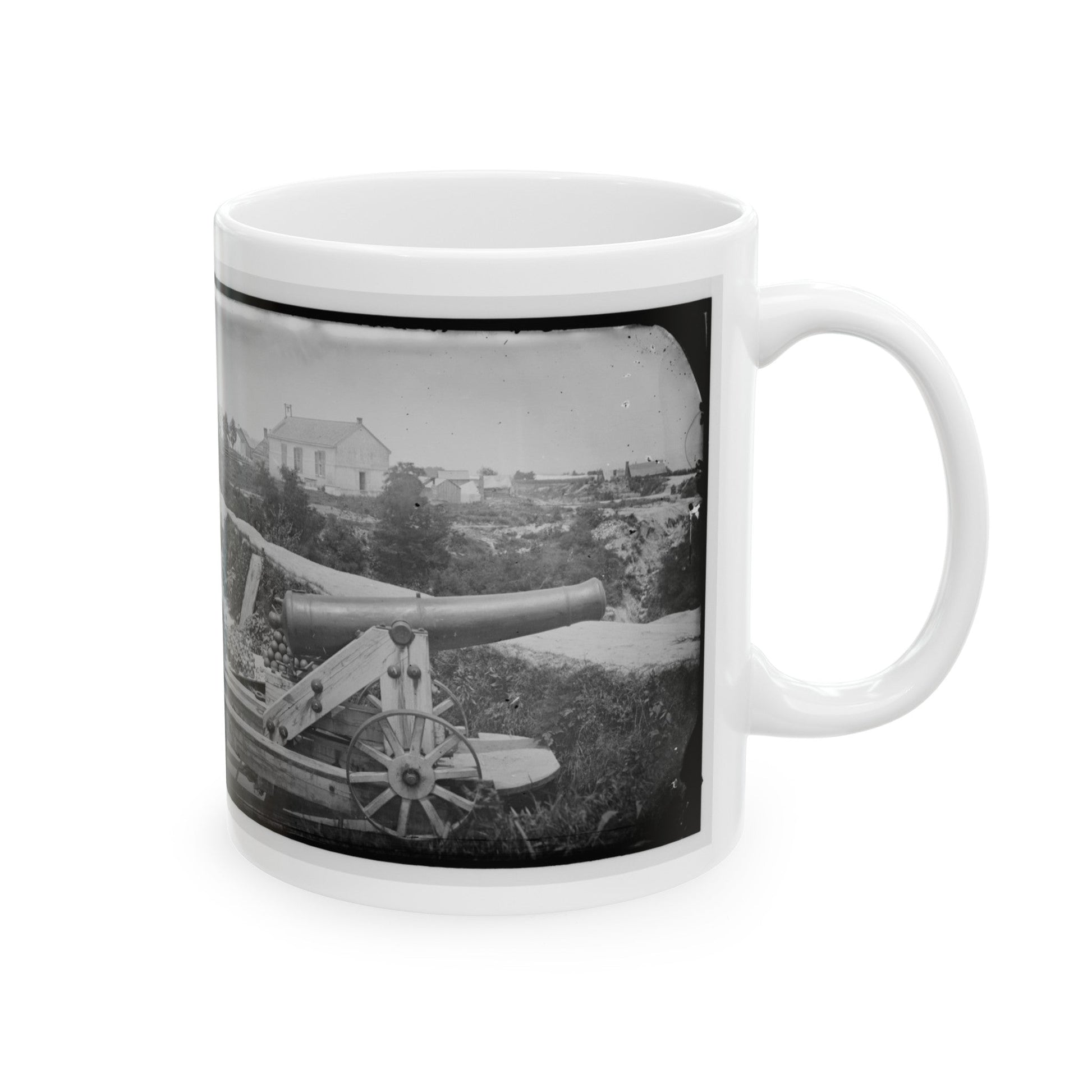 Yorktown, Va. Confederate Naval Gun; In Background Is Nelson Church, Used As A Hospital (U.S. Civil War) White Coffee Mug-The Sticker Space