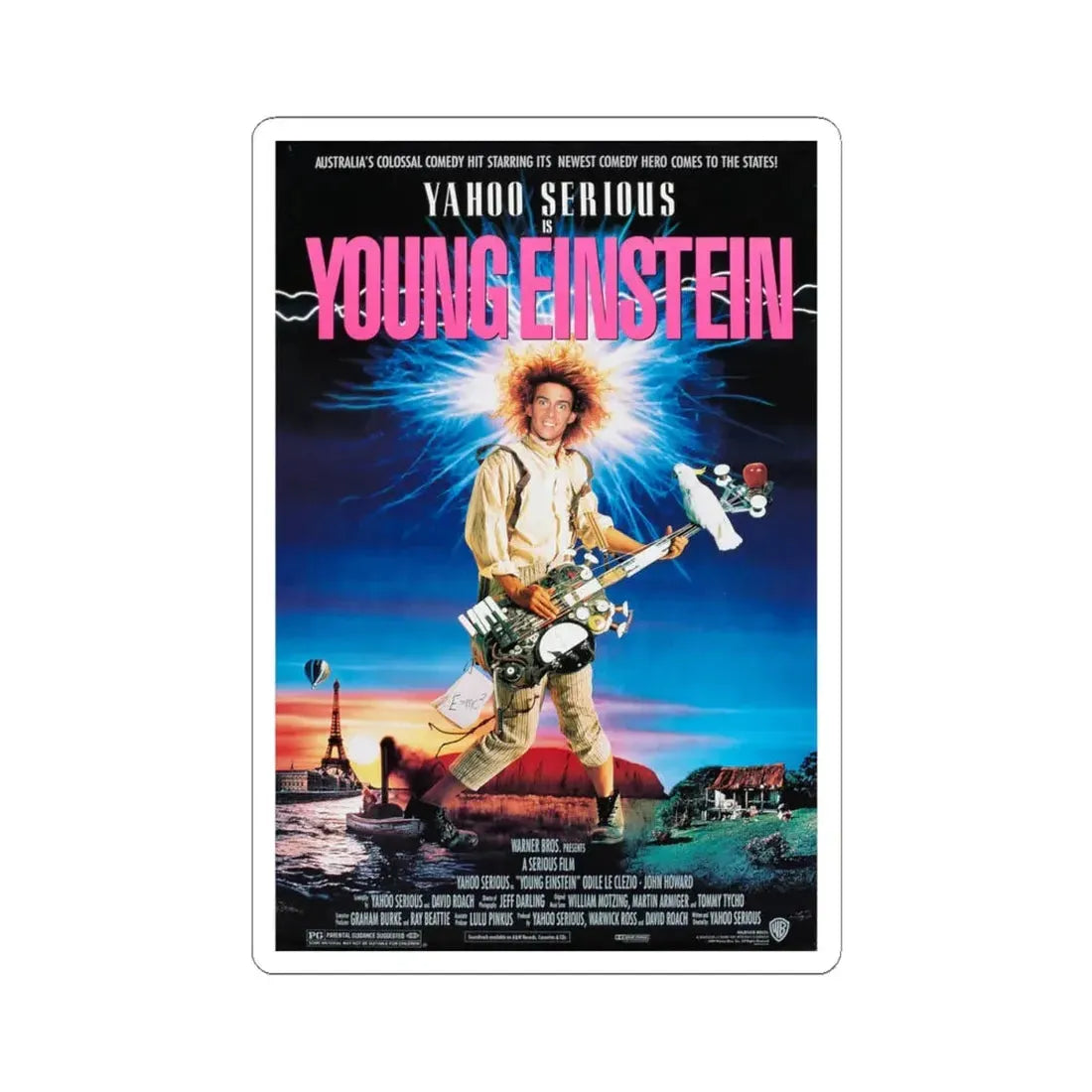 Young Einstein 1989 Movie Poster - STICKER Vinyl Kiss-Cut Decal 4 Inch White - The Sticker Space