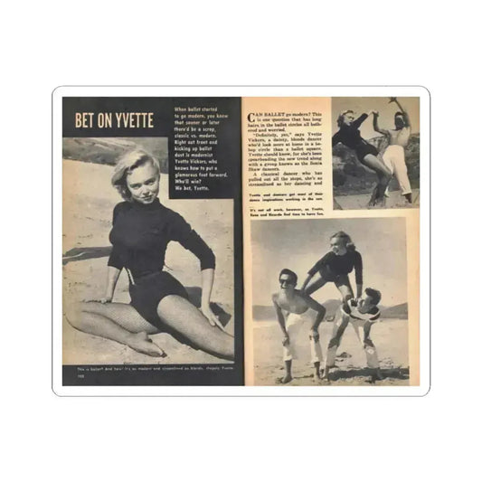 Yvette Vickers #114 - [Pages 102 & 103] Pages 1 & 2 of 4 with, Yvette Vickers+3 B&W Photos Brief Article & Caption from VUE Digest Mag. Oct. '55 (Vintage Female Icon) STICKER Vinyl Kiss-Cut Decal 2 Inch White - The Sticker Space