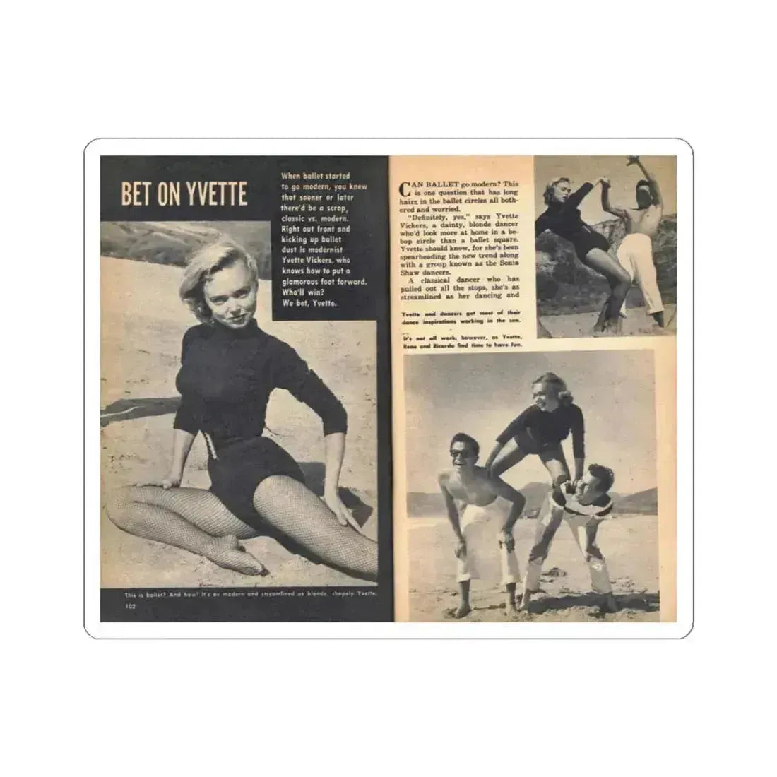 Yvette Vickers #114 - [Pages 102 & 103] Pages 1 & 2 of 4 with, Yvette Vickers+3 B&W Photos Brief Article & Caption from VUE Digest Mag. Oct. '55 (Vintage Female Icon) STICKER Vinyl Kiss-Cut Decal 3 Inch White - The Sticker Space